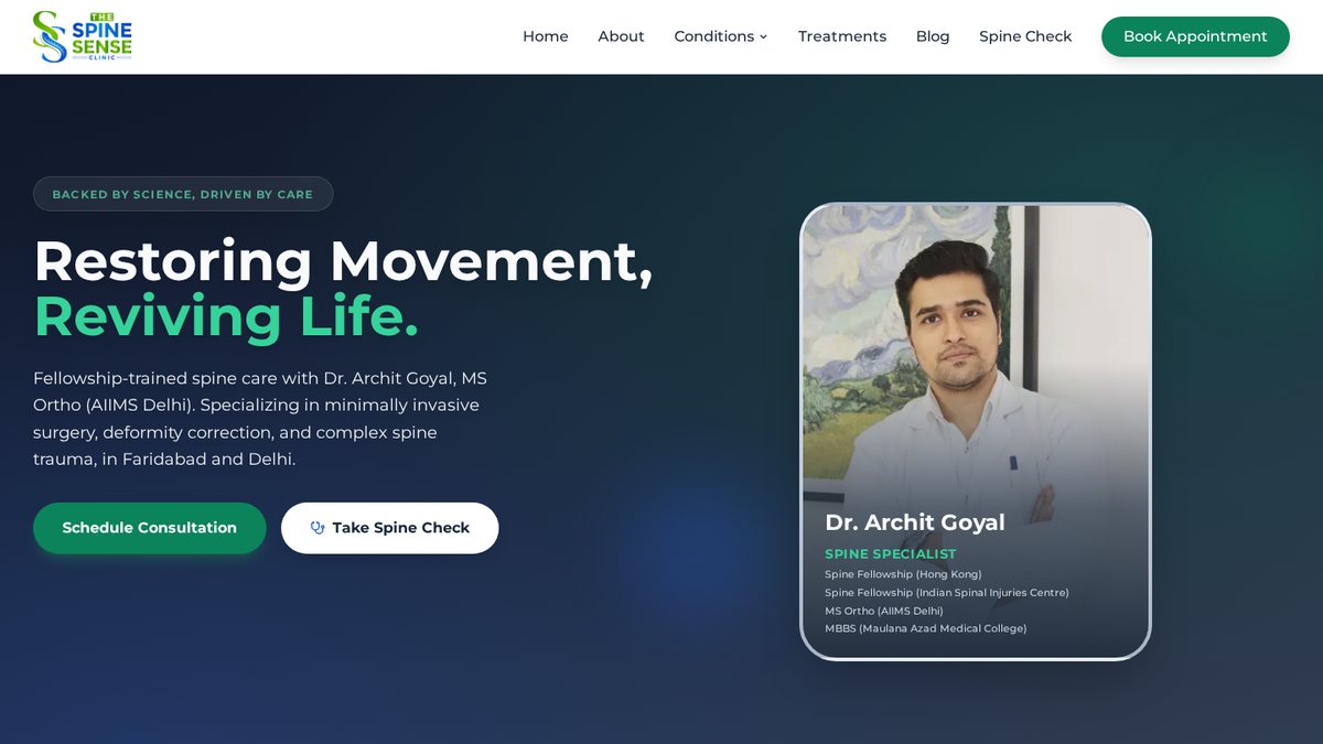 SpineSense.in homepage introducing Dr. Archit Goyal, spine surgeon in Faridabad and Delhi