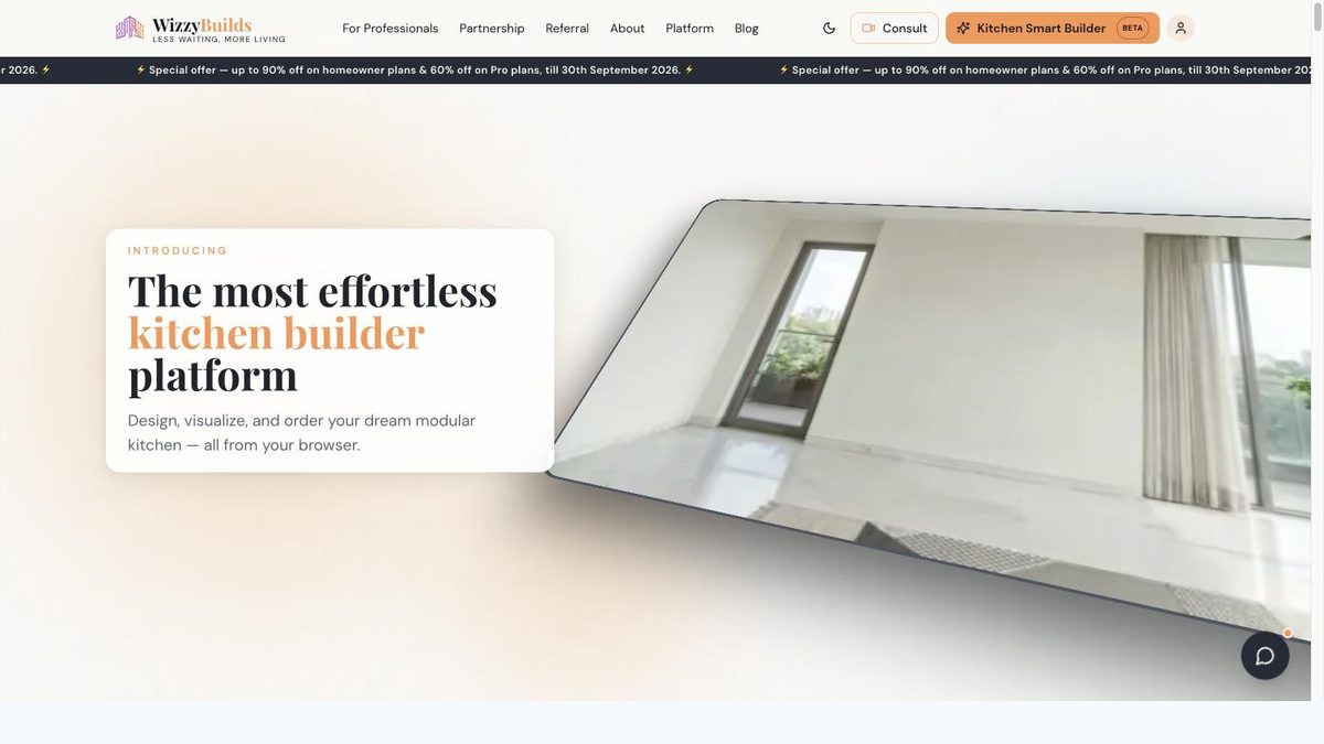 Interface du Smart Kitchen Builder de Wizzy Builds montrant une configuration de cuisine en 3D
